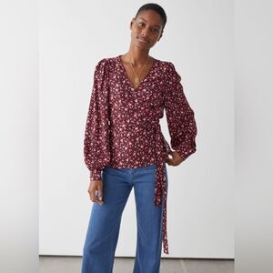 & Other Stories Floral Long Puff Sleeve Wrap Blouse Black/Pink Sz 6 Small
